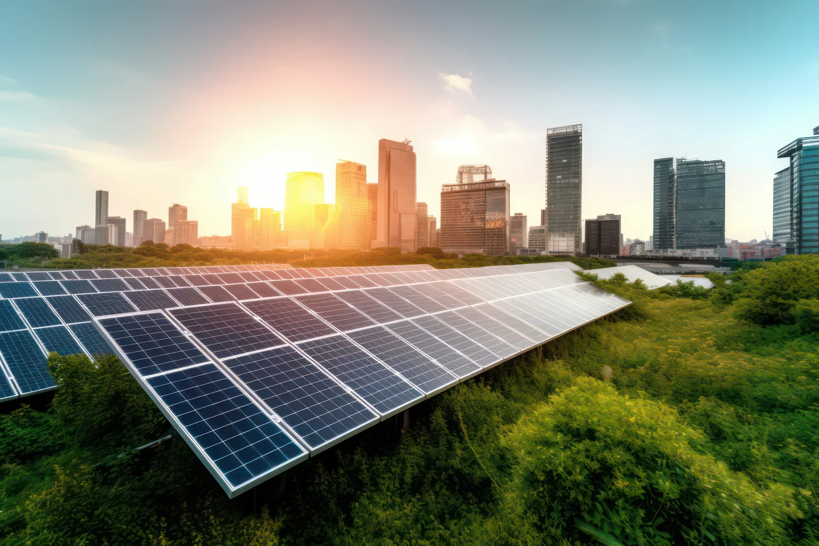 solar cells in front of city